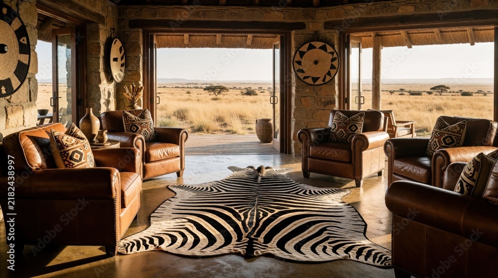 Fototapeta premium Luxury safari lodge lounge with leather armchairs, zebra rug. Elegant interior design overlooks African savanna plains through open doors. High end hotel room features ethnic pattern pillows, stone