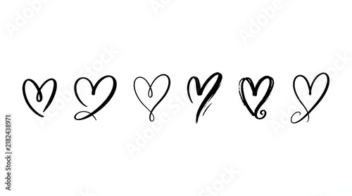 Set of six unique hand painted ink hearts with heart set