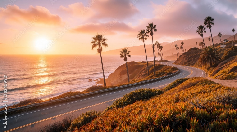 Obraz premium Coastal highway curves near ocean at golden hour sunset. Palm trees line the road with hills in background. Serene Pacific coast scenic drive.
