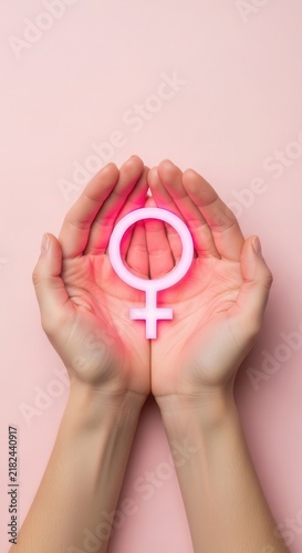 Hands holding a glowing female symbol representing menopause wellness. Soft pink background conveys a sense of calm and feminine support.