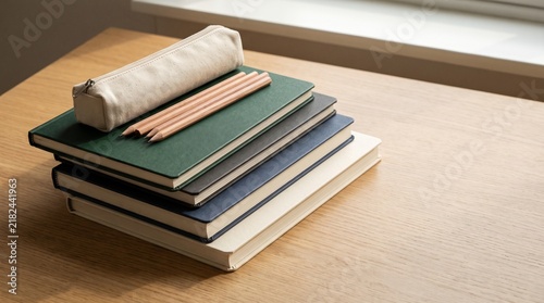 A pencil case and sharpened pencils rest atop a stack of hardcover notebooks on a wooden desk, suggesting a study or work session