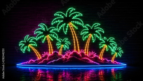 Small tropical island featuring a grove of palm trees created as green and pink neon signs