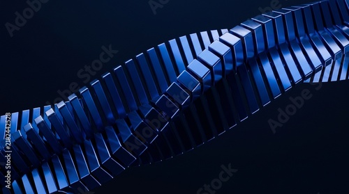 Abstract blue wave 3D render. Metallic blocks forming a twisted geometric spiral structure on dark background. Digital tech pattern for corporate presentation, science, and futuristic design.