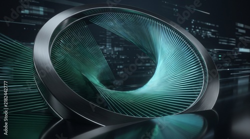 Futuristic technology background. Metallic ring frame surrounding a green digital fiber optic tunnel. Abstract 3D render concept for network security, data science, and computational physics.