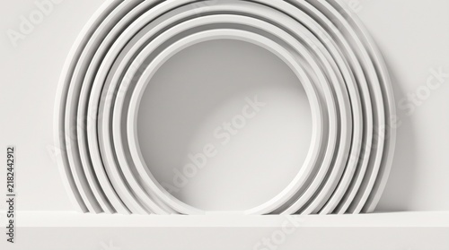 Abstract white podium with concentric rings background. Minimalist 3D render pedestal for product presentation on clean studio wall. Geometric round frame showcase for cosmetic display.