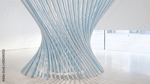 Abstract architectural sculpture in modern gallery. Twisted blue and white structural columns forming a dynamic spiral pattern. Minimalist futuristic interior design installation.