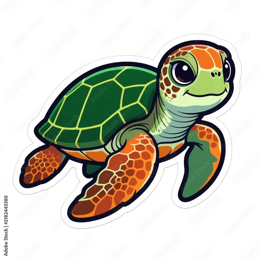 Fototapeta premium Cute cartoon sea turtle with green shell, orange flippers swims. Colorful reptile character big eyes, happy smile. Friendly aquatic animal illustration on white background. Vibrant marine life