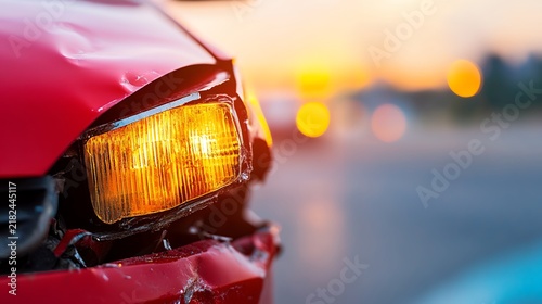 A damaged red car's front headlight is illuminated, showcasing the extent of the accident