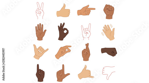 Various hand gestures and signs in different skin tones on white background illustrations