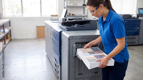 Print shop worker loading paper into digital press