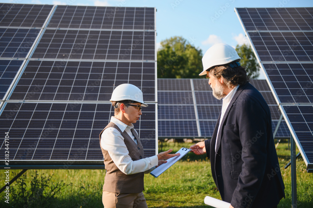 Obraz premium Engineers inspecting solar panels at renewable energy farm