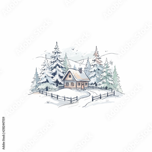 Hand-drawn cozy wooden cabin in a snowy winter landscape with pine trees and fence