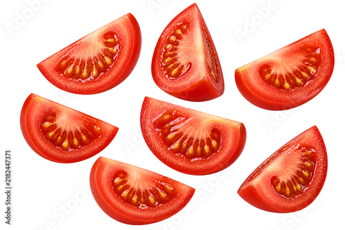 Seven fresh tomato wedges isolated on a transparent background
