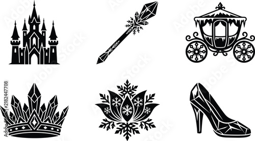 Bild auf Leinwand Fairy tale winter princess vector silhouette set featuring ice castle, crystal crown, wand, carriage, snowflake, and glass slipper