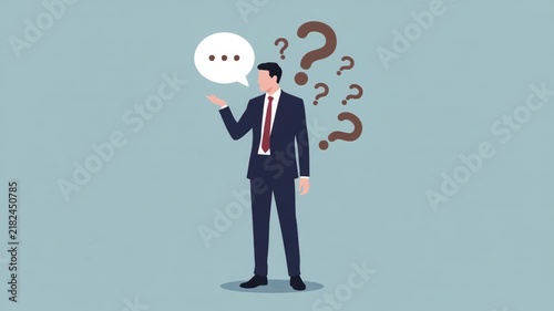 Professional businessman feeling confused with multiple question marks floating in this motion animation clip for corporate communication and strategy concepts