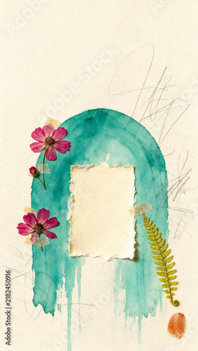 A handmade botanical composition combines turquoise watercolor, pressed pink flowers, fern foliage, torn paper, pencil marks, and a fingerprint.