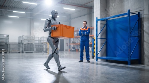 Humanoid robot transfers tote in training lane