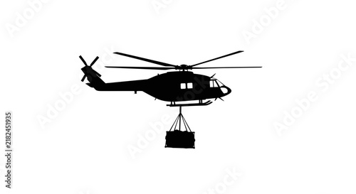 Silhouette of a helicopter carrying a cargo sling load against a white background