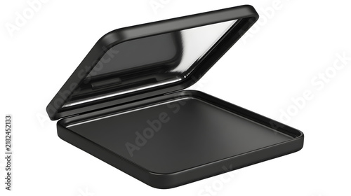 Black compact makeup mirror with open lid
