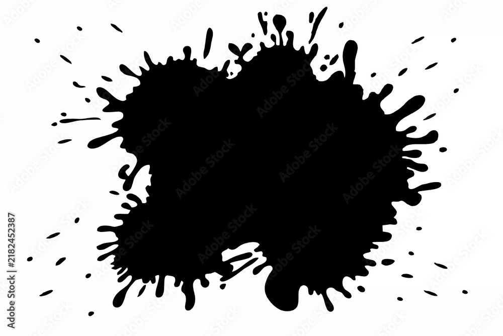 Fototapeta premium Black Ink Splatter Silhouette Vector, Abstract Paint Blot with Splashes and Drops Isolated on White Background