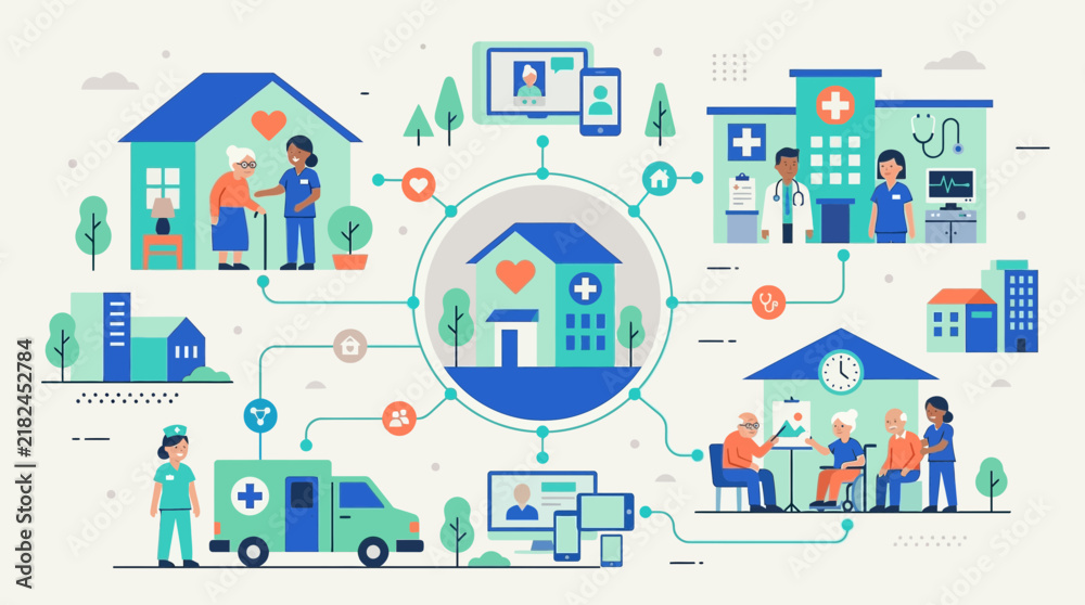 Obraz premium Healthcare network, telemedicine, senior care, hospitals, medical services