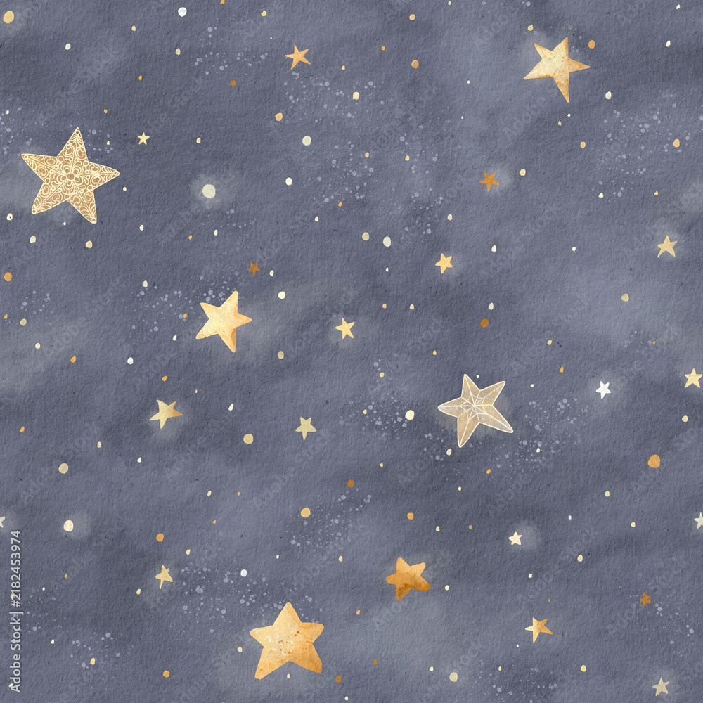 Obraz premium Seamless pattern on watercolor paper grey-blue texture with golden doodle stars, abstract space landscape, hand-drawn print for wallpaper, wrapping paper, gift box, repeat background or home textile.
