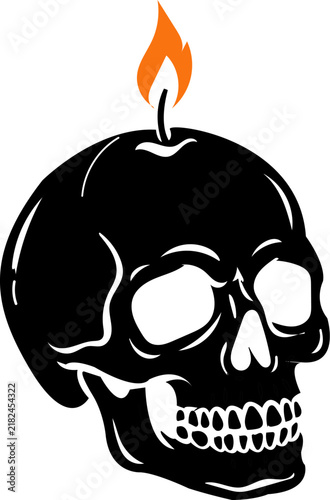 Bild auf Leinwand A black skull shaped like a candle with a bright orange flame on a white backgro