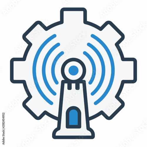 Transmission tower with signal waves inside a gear wheel