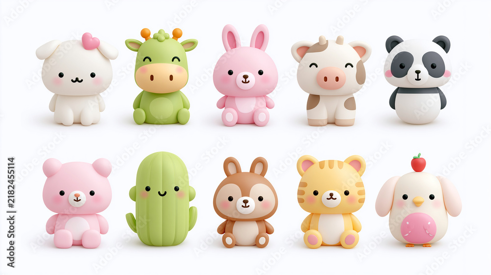 Fototapeta premium Cute assorted cartoon animals in pastel colors, perfect for kids and playful themes.