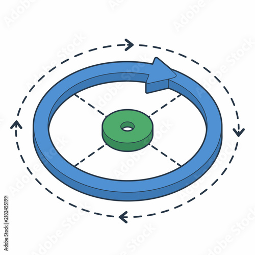 Isometric blue circular arrow with green center disc