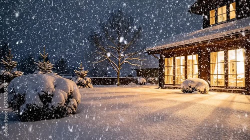 Cozy cabin in a snowy evening with warm interior lights and falling snowflakes creating a serene winter atmosphere