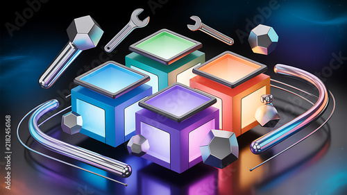 3D rendered isometric cubes with glowing neon colors, floating metal tools, and geometric spheres on dark background.