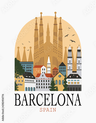 Barcelona city travel poster with arch