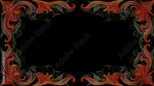 Gothic dark orange frame with ornate vintage corner patterns and smoke effects on black background