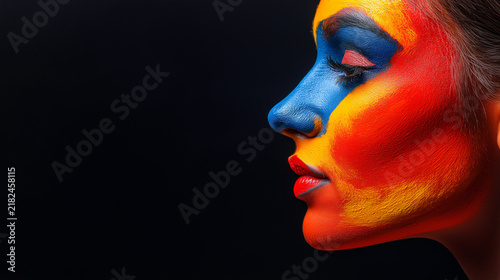 Side profile of woman face with creative colorful body art and vibrant paint strokes over dark background
