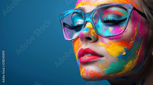 Creative colorful body art on woman face with stylish eyeglasses under vibrant paint strokes over blue background