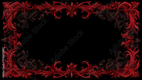 Gothic dark red border with elegant damask swirls and baroque floral ornaments on black background