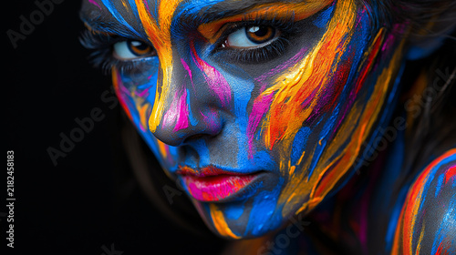 Creative colorful body art on woman face with vibrant neon paint strokes over black background