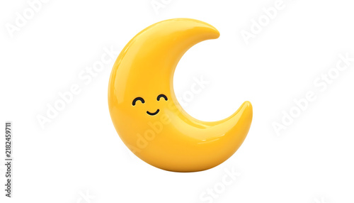 A cute yellow crescent moon icon with a smiling face isolated on a white background transparent background