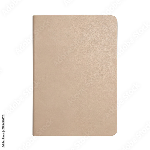 Closed beige leather notebook with rounded corners and smooth texture isolated on a transparent background