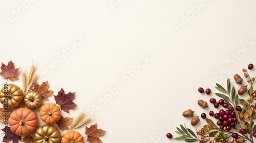 Autumn harvest frame with pumpkins and fall leaves on the sides for seasonal holiday greeting card design elements