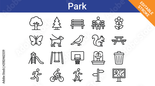 Park icons featuring various outdoor activities and objects in simple line art style with editable stroke
