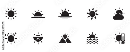Sun weather icon set featuring sunrise sunset sunshine sunglasses mountain sea thermometer graphics.