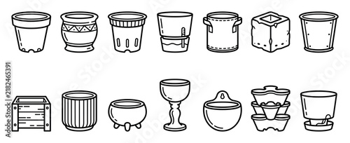 Collection of various flower pot and planter icons in a simple black and white line art style, showing diverse designs for gardening, horticulture, and home decor concepts