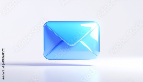 Glossy translucent blue glass envelope mail icon resting on a clean white surface with soft lighting and subtle shadow, representing email messaging communication and digital correspondence concept