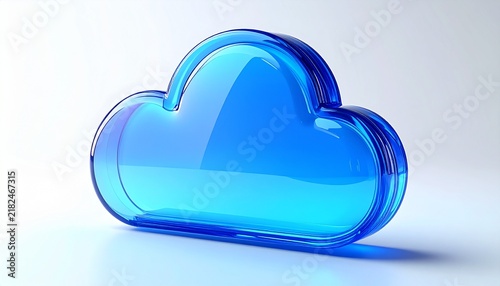 Glossy translucent blue glass cloud icon resting on a clean white surface with soft natural lighting and subtle shadow, symbolizing cloud computing technology and digital storage concept