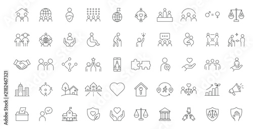 Community and society line icon set in editable stroke.
