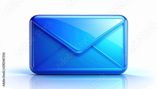 Vibrant glossy royal blue glass email envelope icon with reflective surface and soft shadows on clean white background representing digital messaging and electronic communication concept