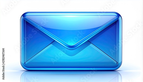 Large glossy blue 3D email envelope icon with shiny glass effect on reflective white surface digital communication and messaging symbol