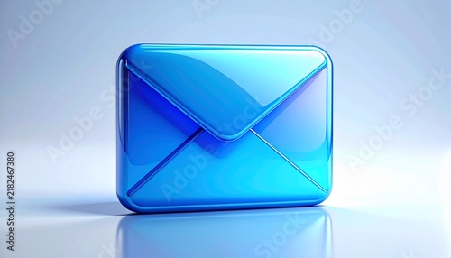 Glossy blue 3D email envelope icon with shiny glass effect on reflective white surface representing digital communication and messaging